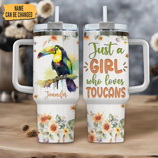 Toucan Tumbler 40oz – Personalized Stainless Steel Insulated Travel Cup with Handle & Straw – Tropical Bird Coffee Mug Gift for Women