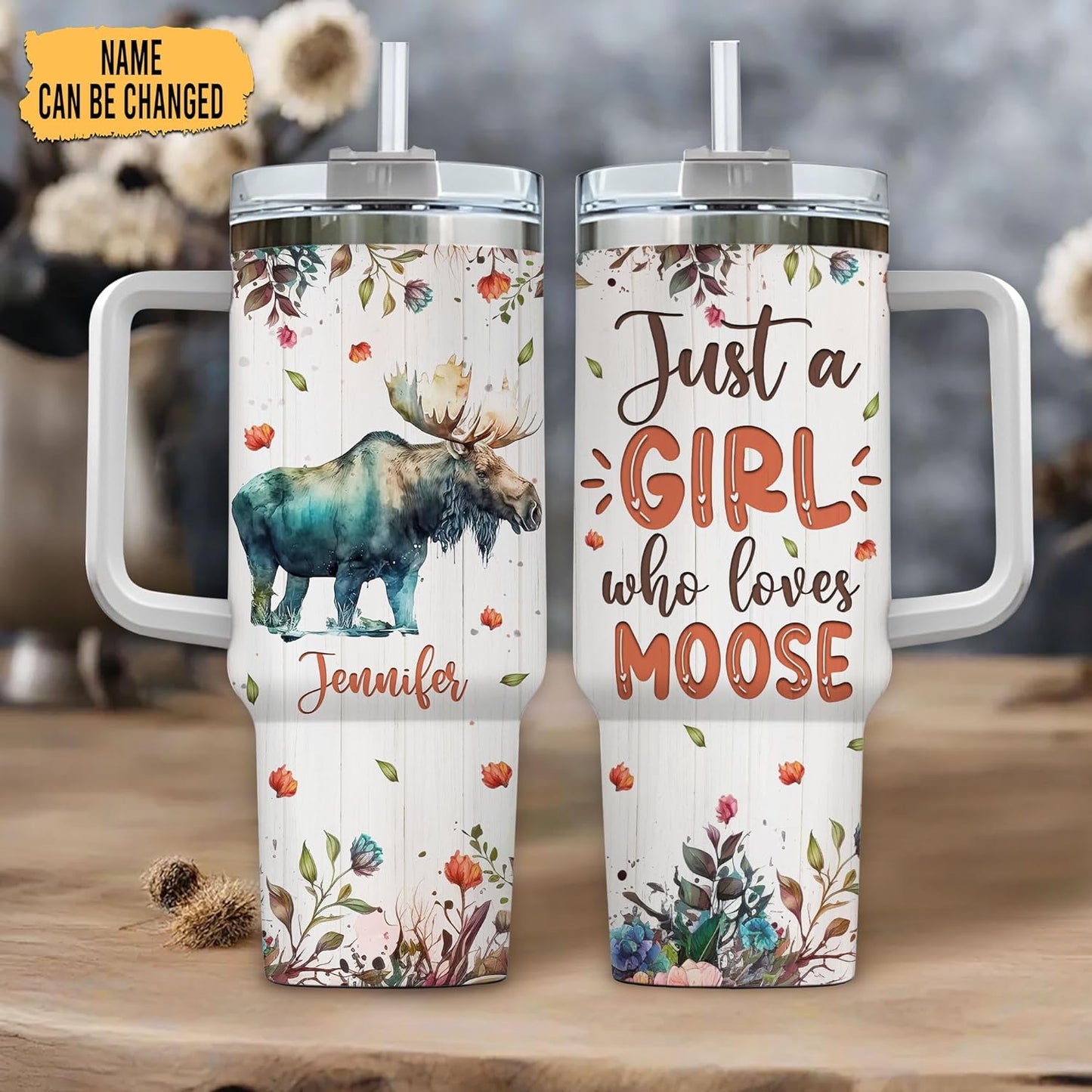 Moose Forest Tumbler 40oz – Personalized Stainless Steel Insulated Cup with Handle & Straw – Stylish Gift for Moose Lovers