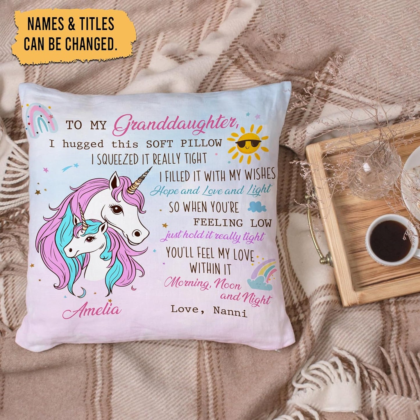 Personalized Unicorn Pillow with Insert – To My Granddaughter from Grandma – Custom Name Birthday or Graduation Gift