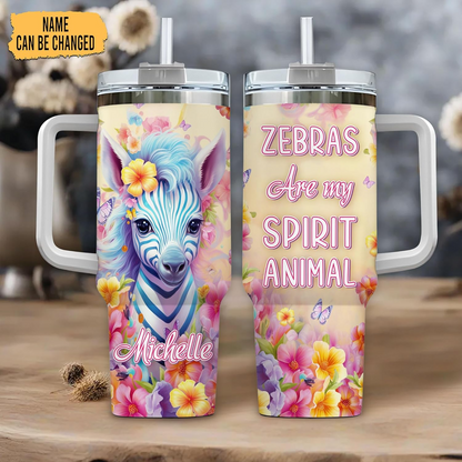 Zebra Lover Tumbler 40oz with Handle & Straw – Personalized Stainless Steel Insulated Cup with Lid – Stylish Birthday Gift for Animal Fans