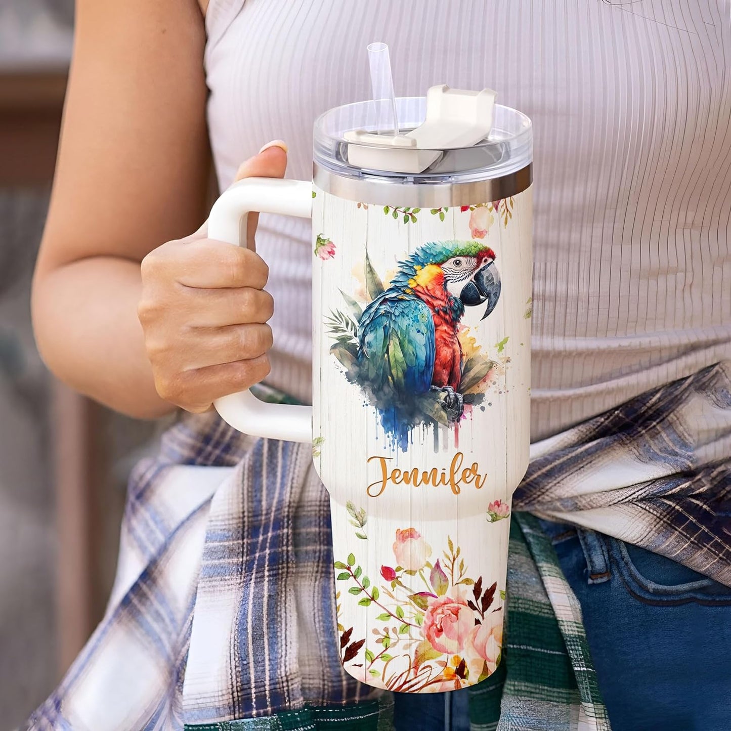 Macaw Tumbler 40oz with Handle & Straw – Personalized Stainless Steel Insulated Travel Cup with Lid – Artistic Gift for Parrot Lovers