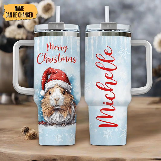 Christmas Guinea Pig Tumbler 40oz with Handle & Straw – Personalized Stainless Steel Insulated Travel Cup with Lid – Cute Holiday Gift for Animal Lovers