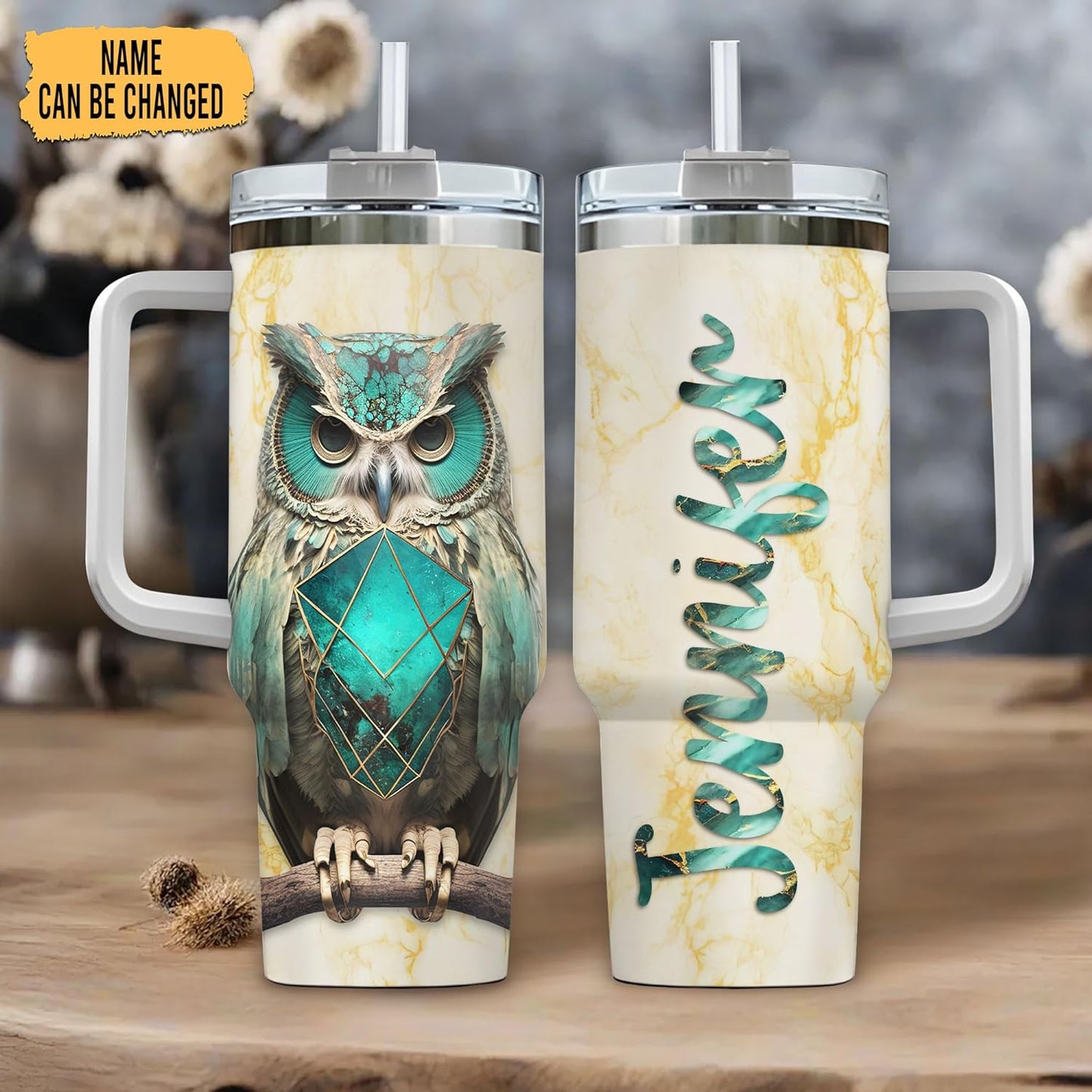 Owl & Gemstone Tumbler 40oz with Handle & Straw – Personalized Stainless Steel Insulated Travel Cup with Lid – Artistic Gift for Owl Lovers