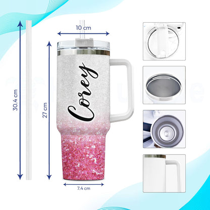Flamingo Glitter Tumbler 40oz with Handle & Straw – Personalized Stainless Steel Insulated Cup with Lid – Fun Gift for Flamingo Lovers