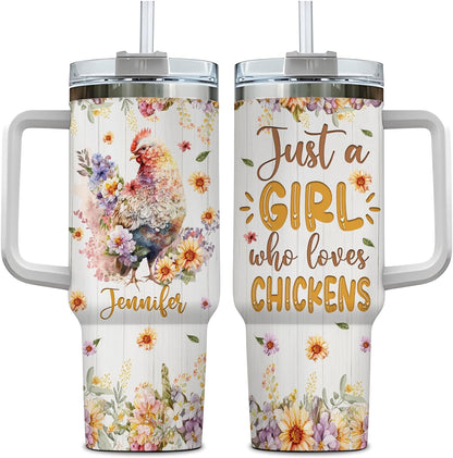 Chicken Floral 40oz Tumbler with Handle & Straw – Personalized Stainless Steel Insulated Travel Cup with Lid – Unique Gift for Farm Animal Lovers