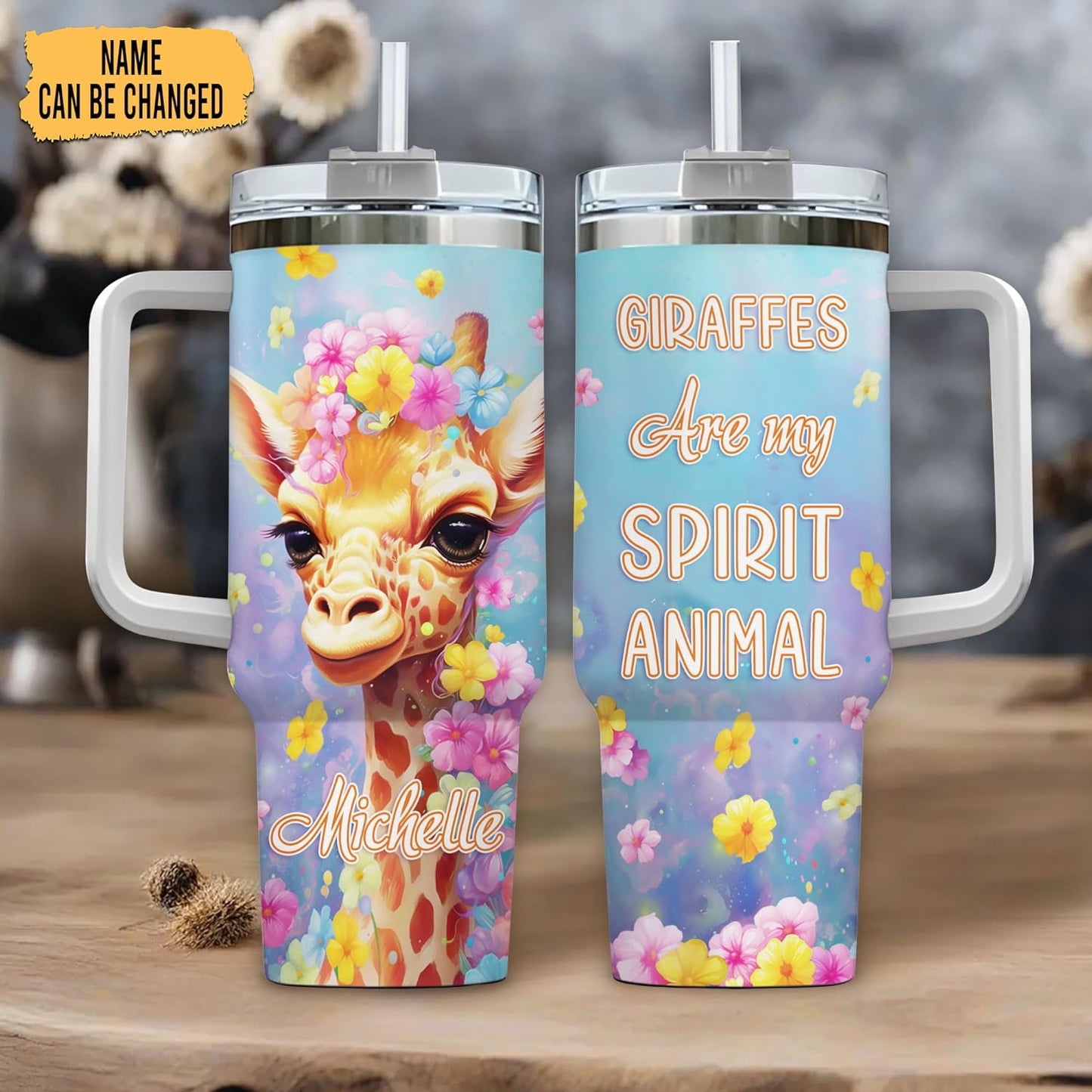 Giraffe Lover Tumbler 40oz with Handle & Straw – Personalized Stainless Steel Insulated Travel Cup with Lid – Cute Birthday Gift for Animal Lovers
