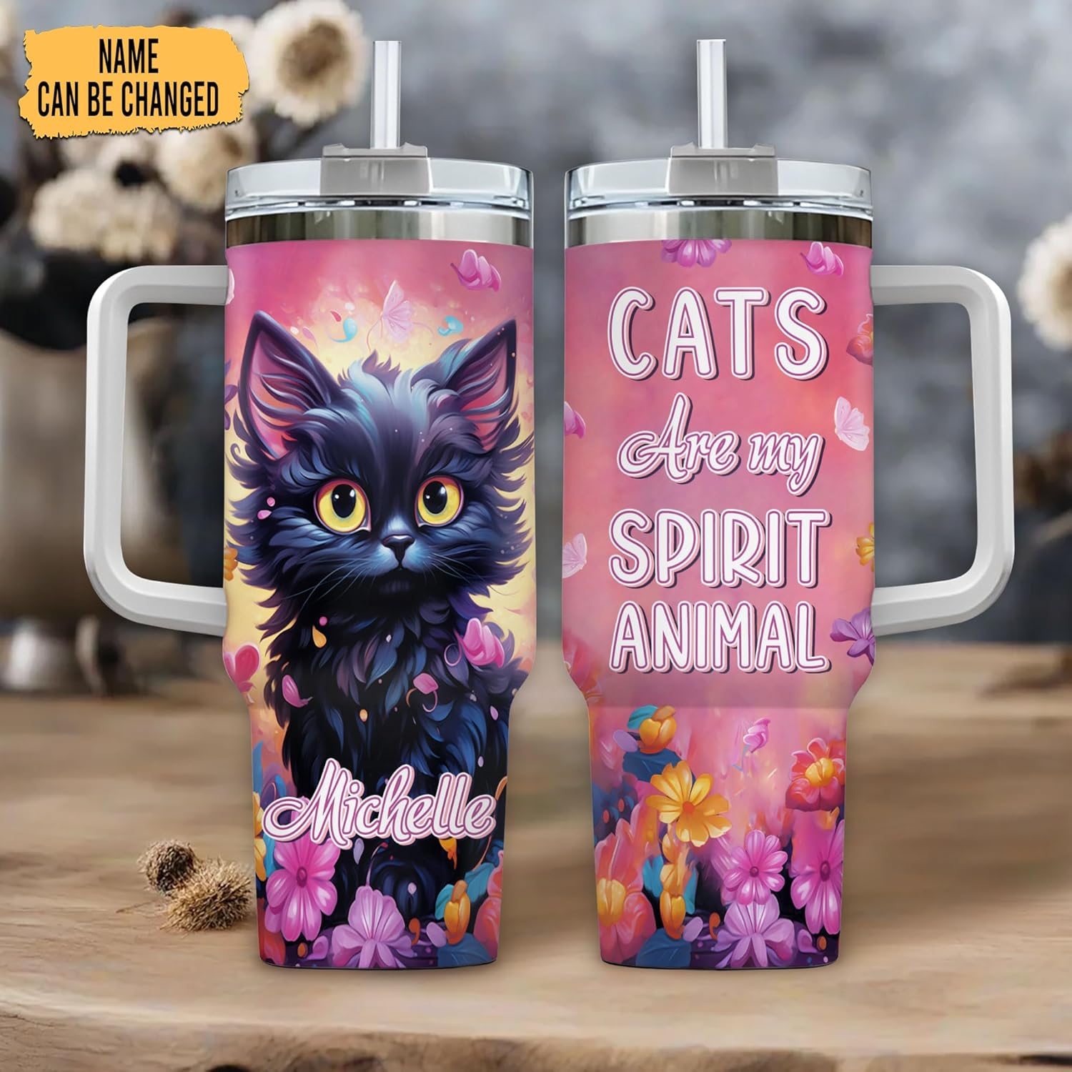 Black Cat Lover Tumbler 40oz with Handle & Straw – Personalized Stainless Steel Insulated Travel Cup with Lid – Cute Birthday & Christmas Gift for Cat Lovers