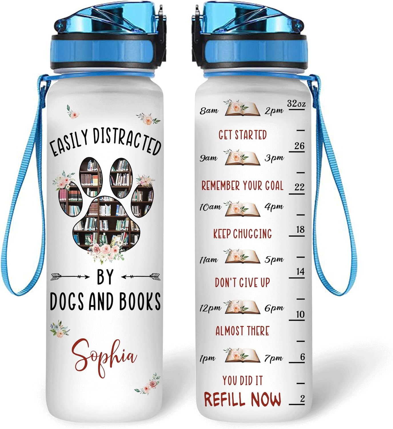 Easily Distracted By Dogs And Books - Personalized Water Tracker Bottle 32oz