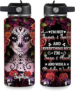 Sugar Skull Water Bottle 32oz – Travel Insulated Stainless Steel Bottle with Leak-Proof Lid – Floral Gothic Day of the Dead Gift