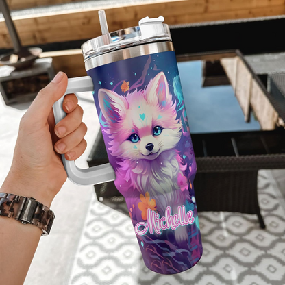 Galaxy Wolf Tumbler 40oz with Handle & Straw – Personalized Stainless Steel Cup with Lid – Stylish Animal Gift for Women & Teens