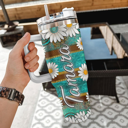 Rustic Daisy Tumbler 40oz with Handle & Straw – Personalized Stainless Steel Insulated Travel Cup with Lid – Unique Floral Gift for Women & Girls