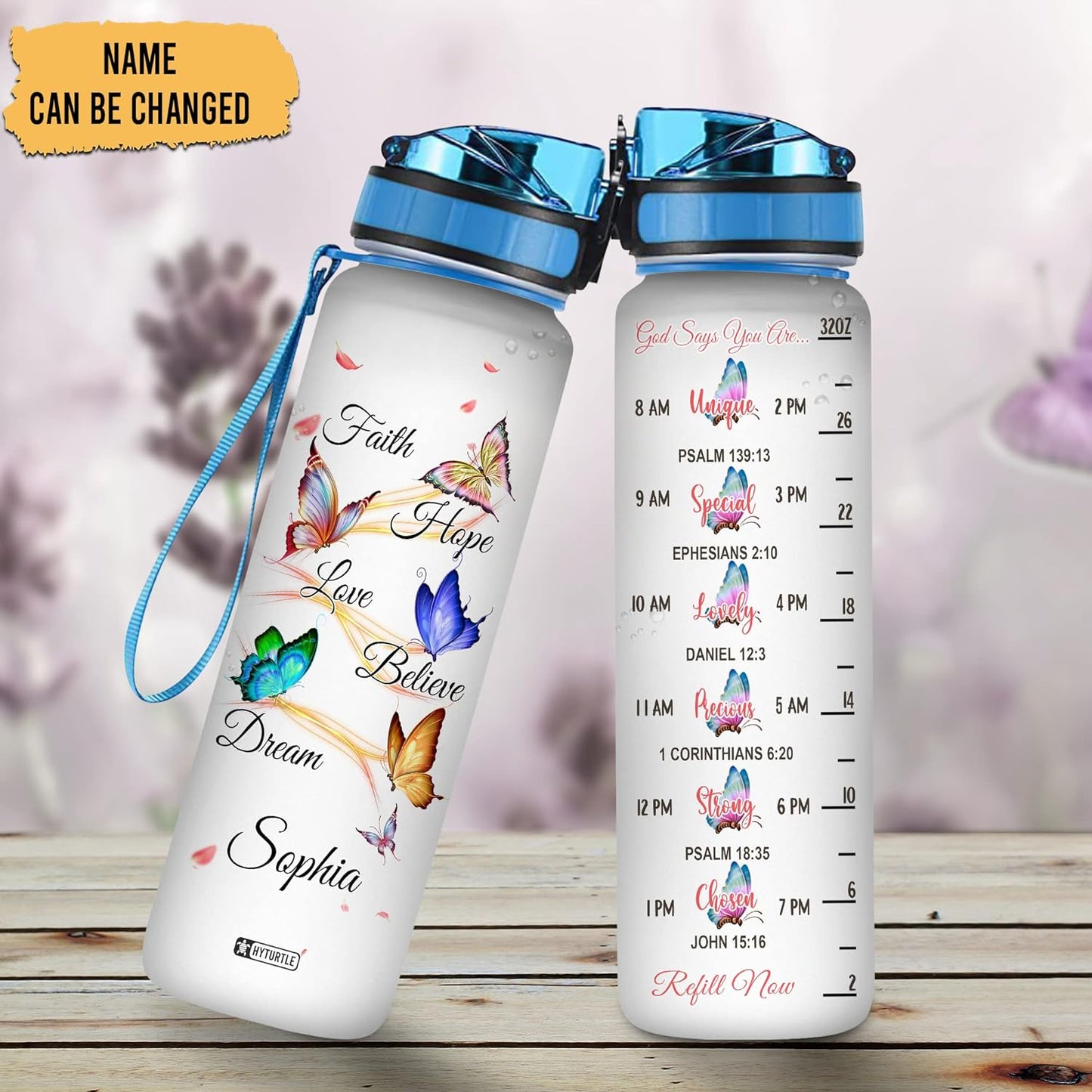 Faith Hope Love Butterfly Water Bottle Tracker 32oz – Personalized Inspirational Gift for Women & Butterfly Lovers