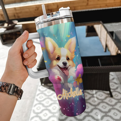 Corgi Spirit Animal Tumbler 40oz – Personalized Stainless Steel Insulated Cup with Handle & Straw – Cute Gift for Dog Lovers