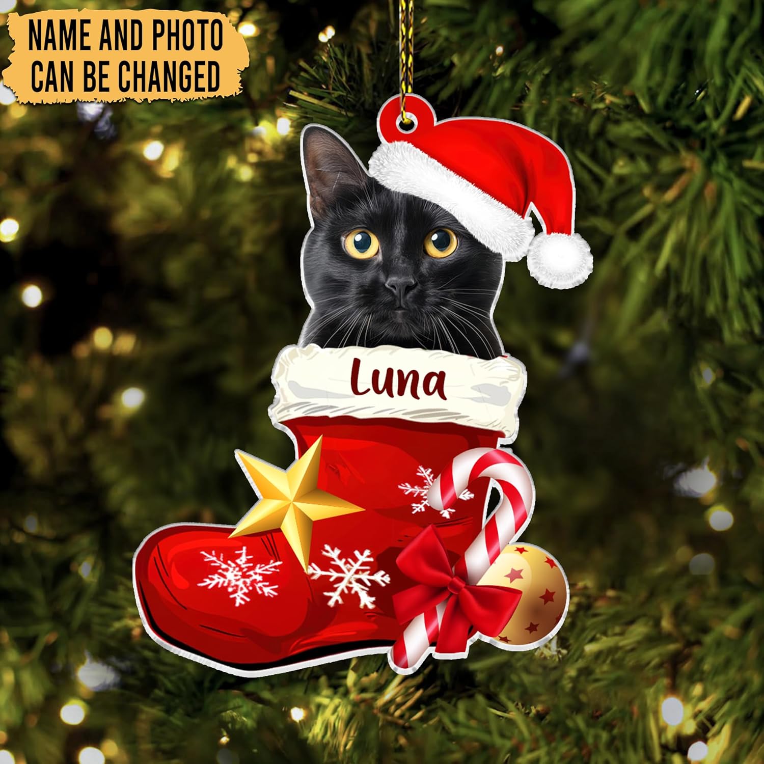 Black cat in Santa stocking cut acrylic ornament – personalized photo style, custom name Christmas gift for cat lover, pet parent or rescue volunteer