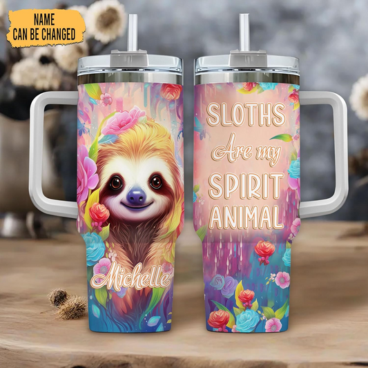 Sloth Lover Tumbler 40oz with Handle & Straw – Personalized Stainless Steel Insulated Cup with Lid – Cute Birthday Gift for Animal Lovers