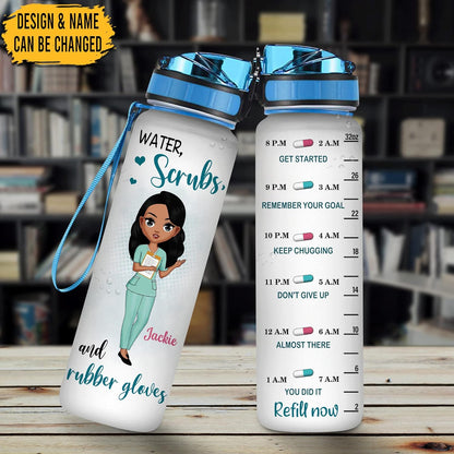 Nurse Scrubs & Gloves Water Bottle Tracker 32oz – Personalized Hydration Bottle with Time Marker – Graduation Gift for Nurses