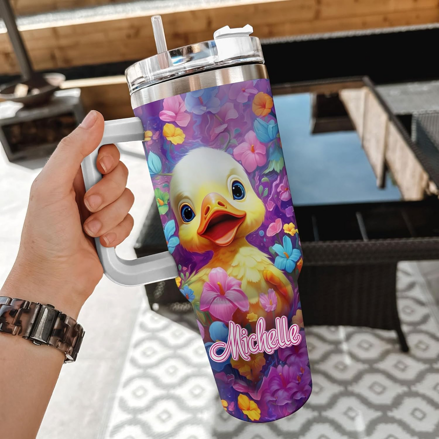 Duck Lover Tumbler 40oz with Handle & Straw – Personalized Stainless Steel Insulated Travel Cup with Lid – Cute Farm Animal Gift for Birthday & Holidays