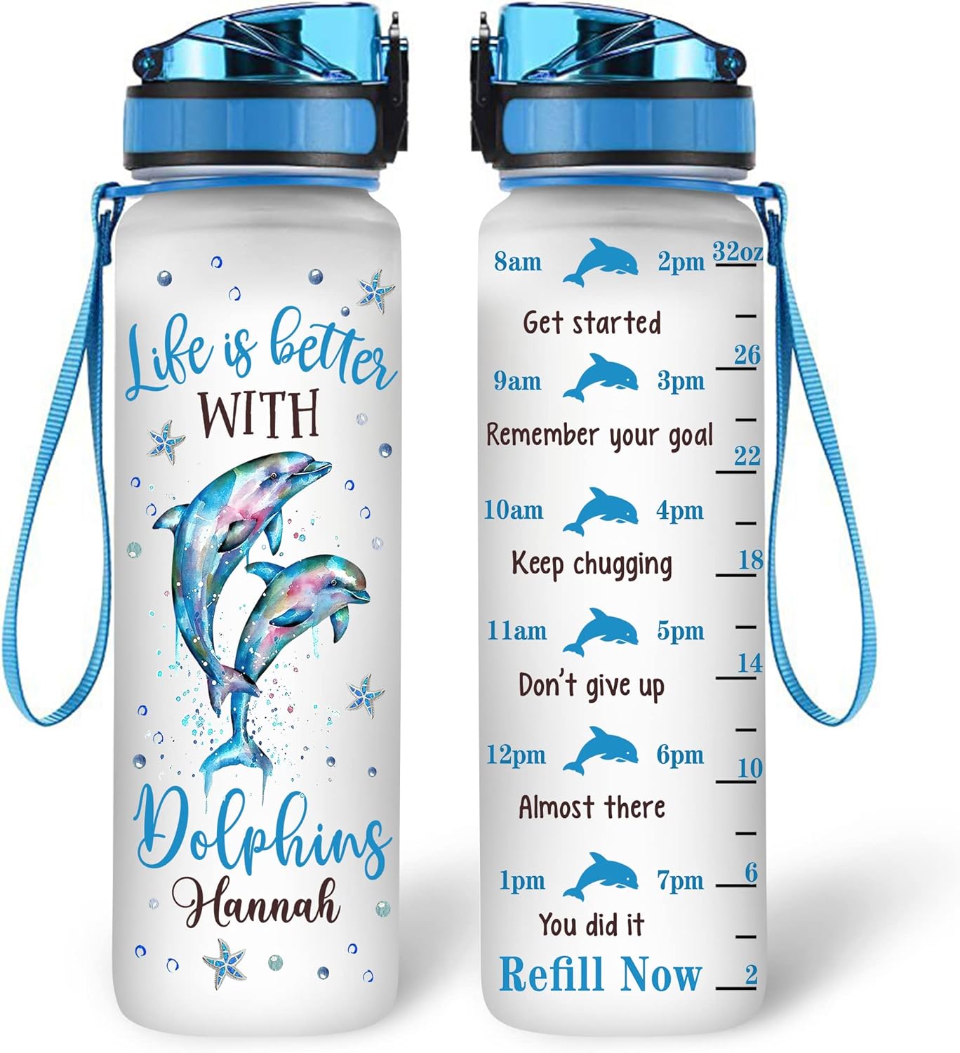 Life Is Better with Dolphins Water Bottle Tracker 32oz – Personalized Motivational Hydration Bottle with Time Marker – Cute Gift for Dolphin Lovers