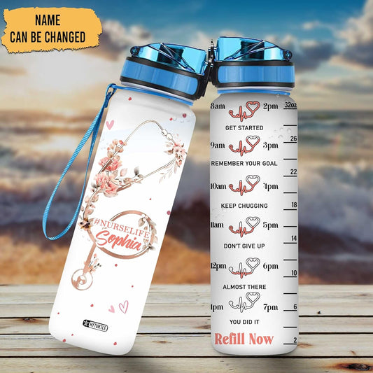 Nurse Floral Life - Personalized Water Tracker Bottle 32oz