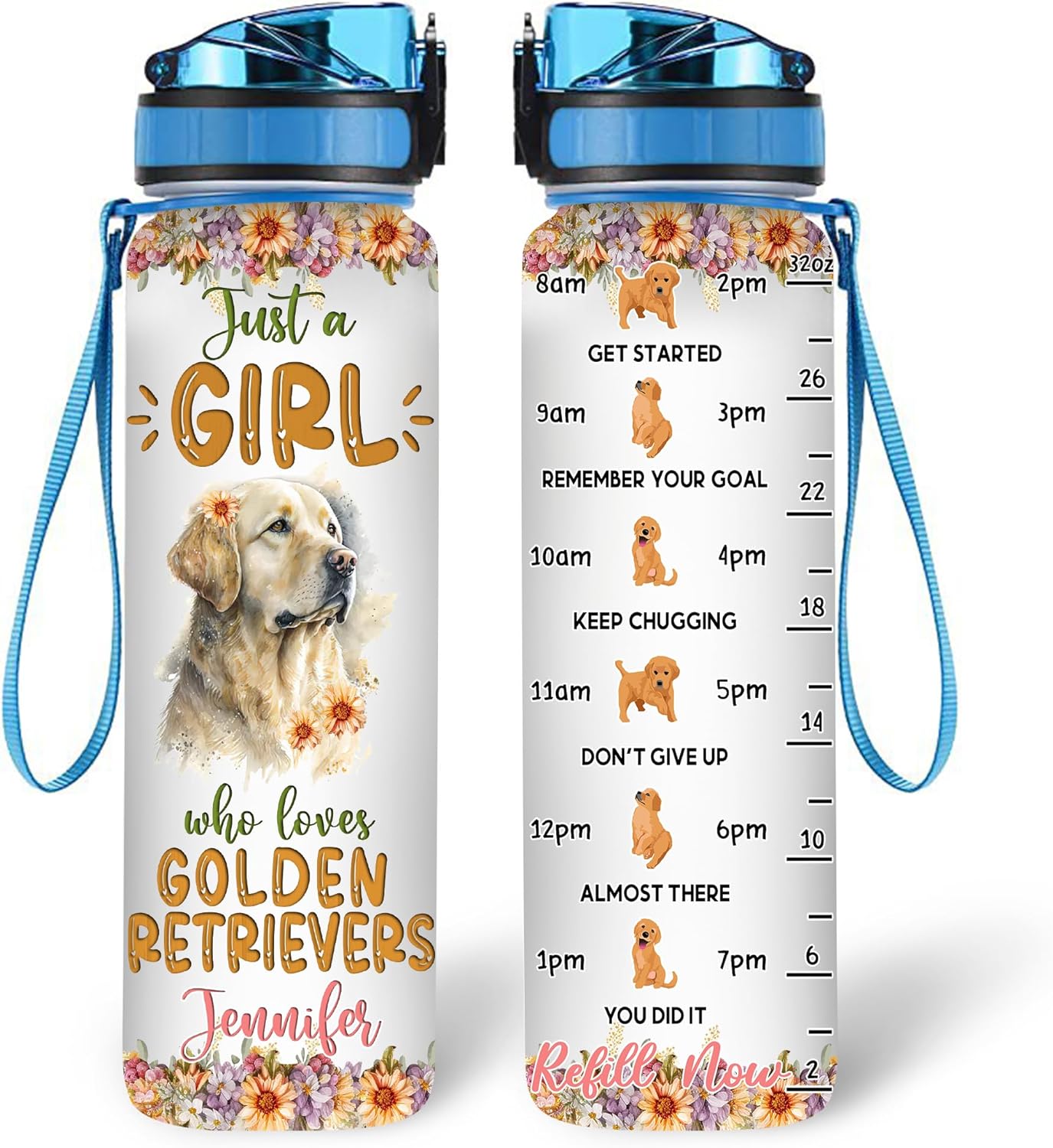 Golden Retriever Lovers Water Bottle Tracker 32oz – Personalized Motivational Hydration Bottle with Time Marker – Thoughtful Gift for Dog Moms on Birthday, Christmas