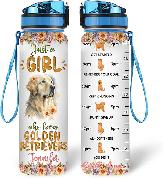 Golden Retriever Lovers Water Bottle Tracker 32oz – Personalized Motivational Hydration Bottle with Time Marker – Thoughtful Gift for Dog Moms on Birthday, Christmas