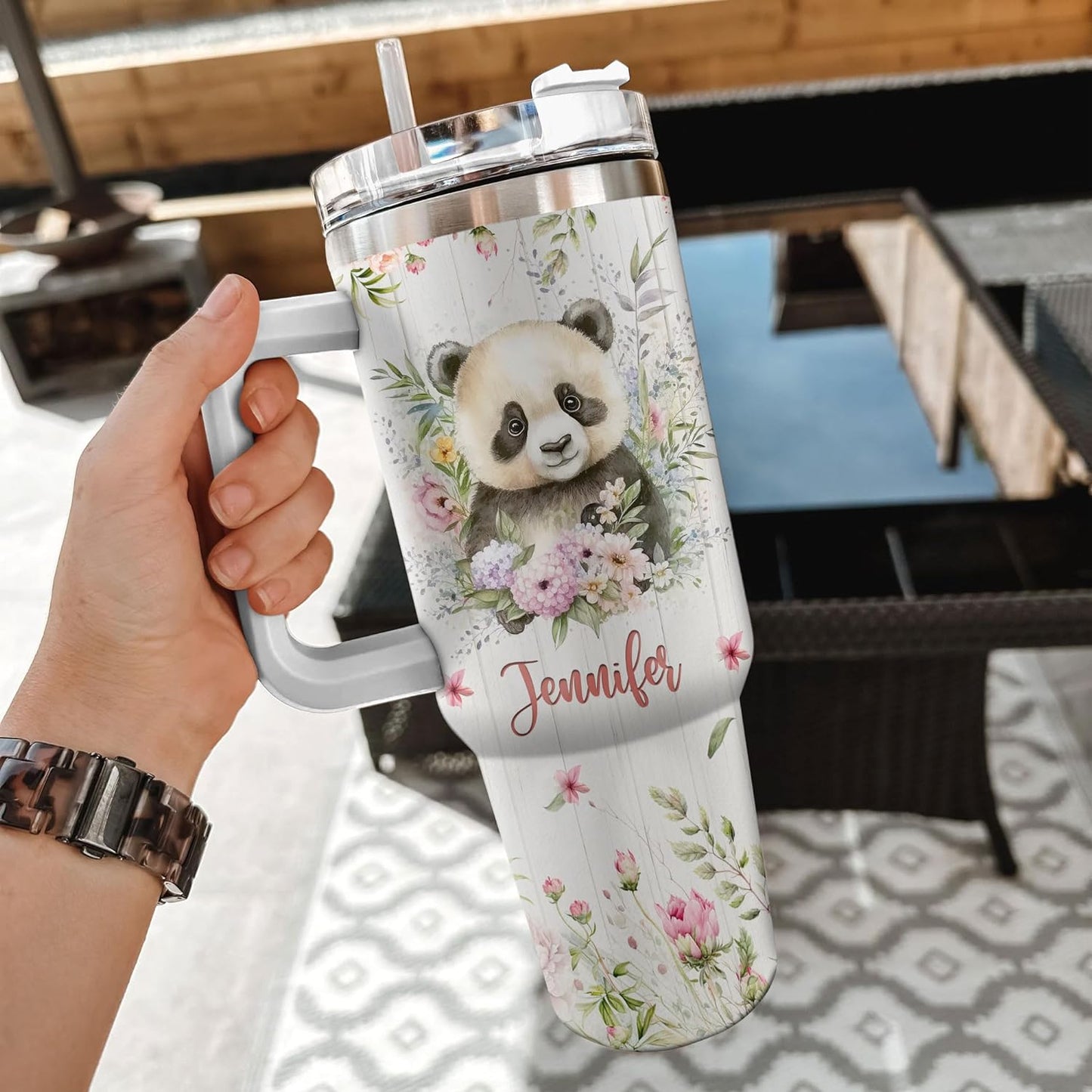 Cute Panda Tumbler 40oz with Handle & Straw – Personalized Stainless Steel Insulated Cup with Lid – Sweet Gift for Animal Lovers