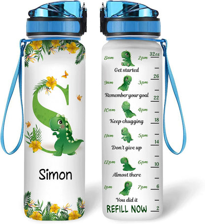 Dinosaur Lovers Water Bottle Tracker 32oz Personalized – Cute Dino Motivational Bottle with Time Marker – Fun Gift for Kids & Adults