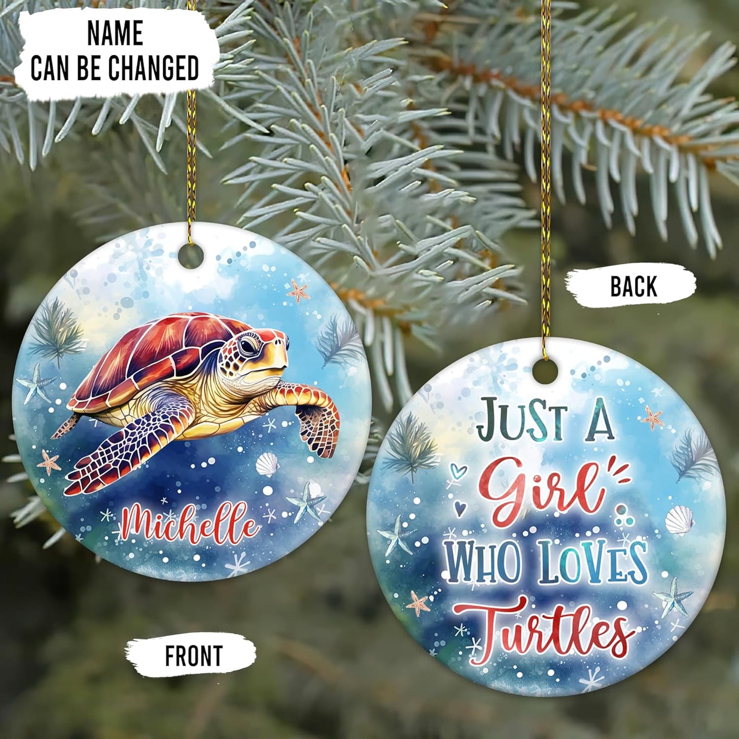 Sea Turtle Ocean Blue Ceramic Ornament – Personalized Custom Name Circle Keepsake, Christmas or Birthday Gift for Turtle Lover