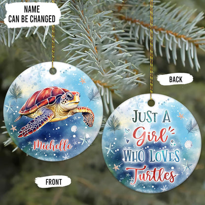 Sea Turtle Ocean Blue Ceramic Ornament – Personalized Custom Name Circle Keepsake, Christmas or Birthday Gift for Turtle Lover