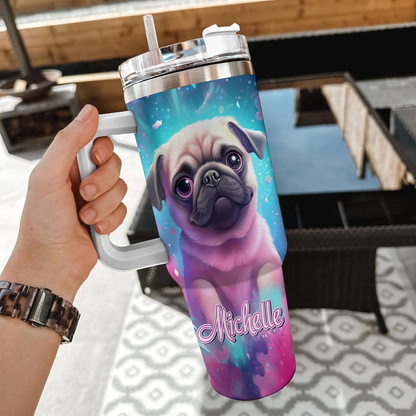 Pug Spirit Animal Tumbler 40oz – Personalized Stainless Steel Cup with Handle & Straw – Fun Gift for Dog Moms & Pet Lovers