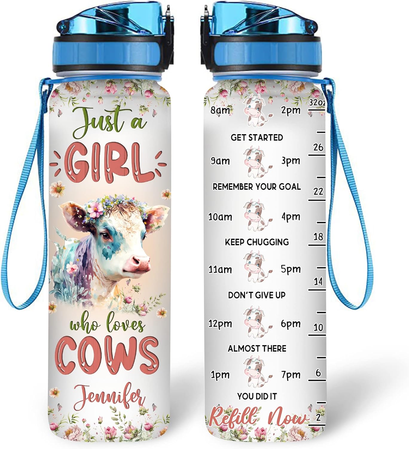 Cow Lovers Water Bottle Tracker 32oz – Personalized Motivational Bottle with Time Marker – Sweet Gift for Animal Enthusiasts