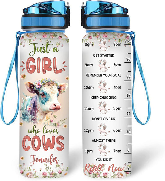 Cow Lovers Water Bottle Tracker 32oz – Personalized Motivational Bottle with Time Marker – Sweet Gift for Animal Enthusiasts