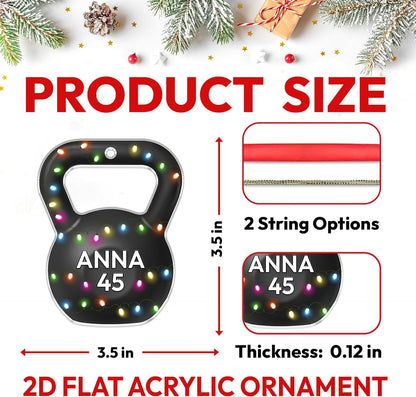 Kettlebell with festive lights cut acrylic ornament – personalized 2D flat silhouette, custom name Christmas gift for lifter, trainer or fitness friend