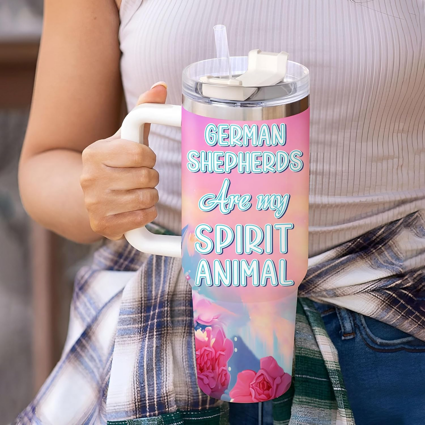 German Shepherd Spirit Animal Tumbler 40oz – Personalized Stainless Steel Insulated Cup with Handle & Straw – Unique Gift for Dog Lovers