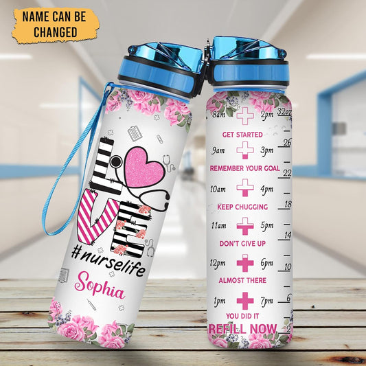 Nurse Life Water Bottle Tracker 32oz – Personalized Hydration Bottle with Time Marker – Appreciation Gift for Nurses