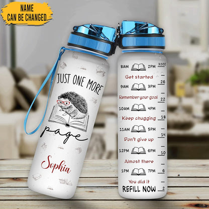 Hedgehog “Just One More Page” Reading Theme Water Bottle Tracker 32oz – Personalized Hydration Bottle with Time Marker – Cute Gift for Hedgehog & Book Lovers