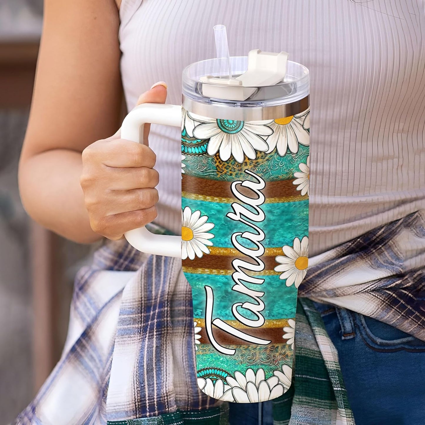 Rustic Daisy Tumbler 40oz with Handle & Straw – Personalized Stainless Steel Insulated Travel Cup with Lid – Unique Floral Gift for Women & Girls