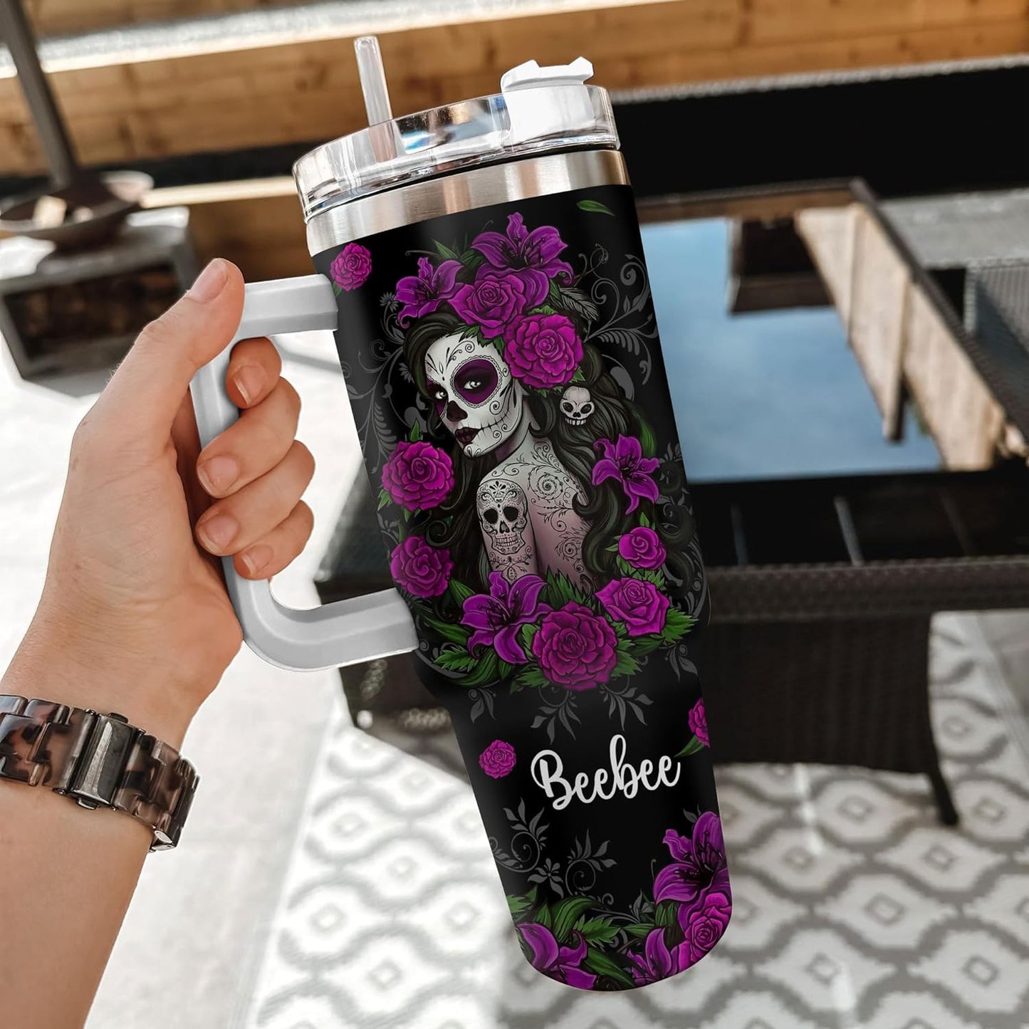 Gothic Sugar Skull Tumbler 40oz with Handle & Straw – Personalized Stainless Steel Insulated Travel Cup with Lid – Unique Gothic Gift for Women