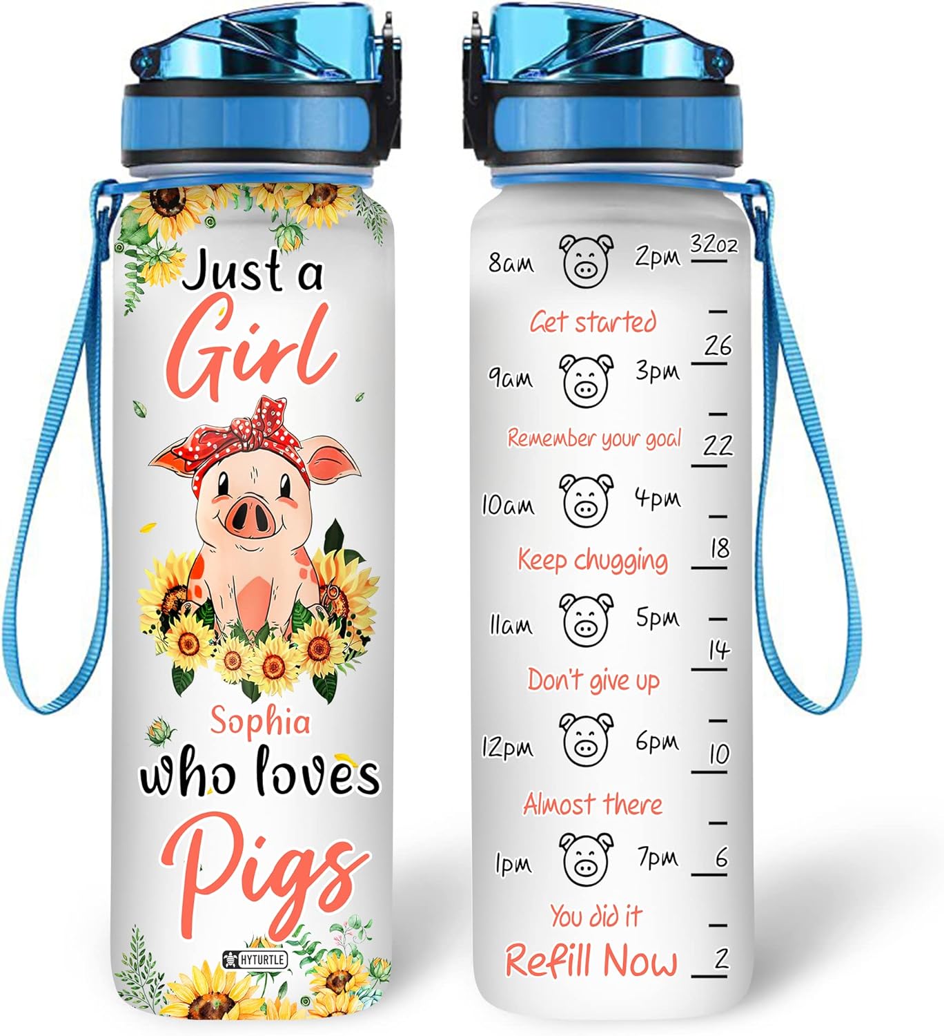 Pig & Sunflower Water Bottle Tracker 32oz – Personalized Cute Animal Motivational Bottle – Unique Gift for Pig Lovers & Women