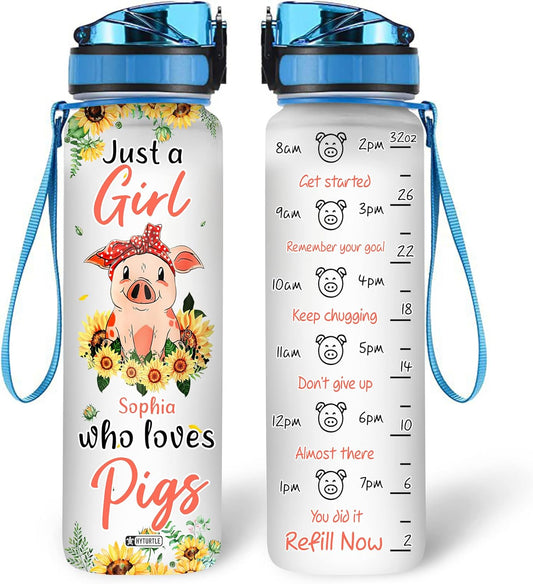 Pig & Sunflower Water Bottle Tracker 32oz – Personalized Cute Animal Motivational Bottle – Unique Gift for Pig Lovers & Women
