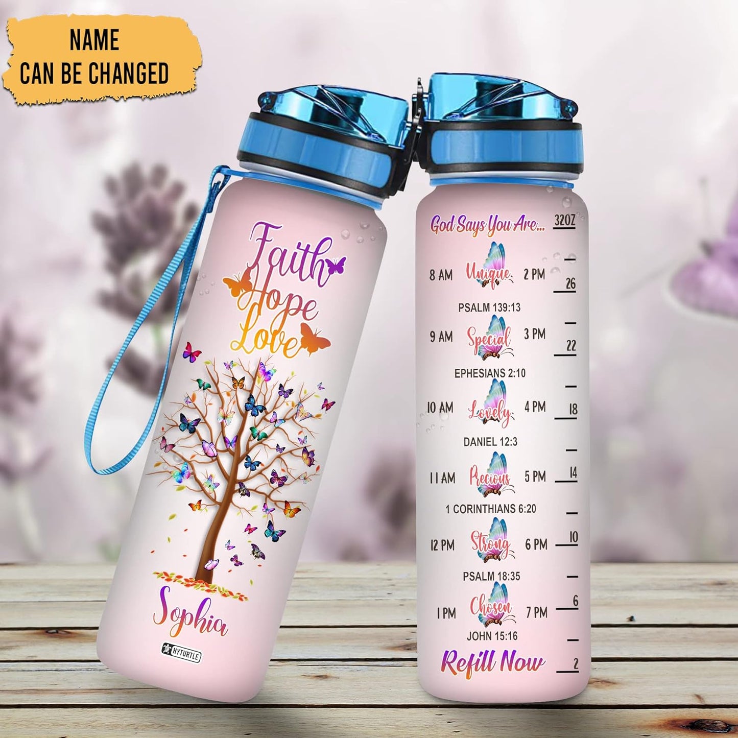 Faith Hope Love Butterfly Water Bottle Tracker 32oz – Personalized Motivational Bottle with Time Marker – Inspirational Gift for Women