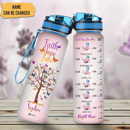 Faith Hope Love Butterfly Water Bottle Tracker 32oz – Personalized Motivational Bottle with Time Marker – Inspirational Gift for Women