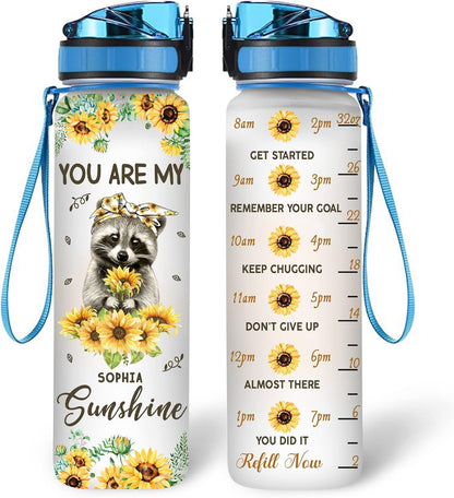 Raccoon & Sunflower Water Bottle Tracker 32oz – Personalized Motivational Bottle with Time Marker – Cute Gift for Animal Lovers