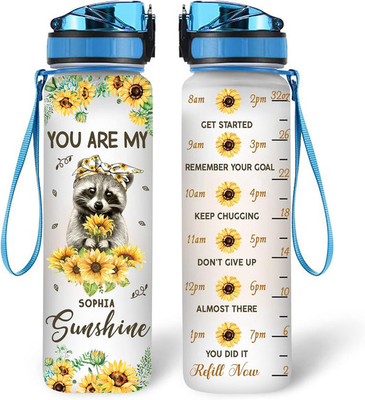 Raccoon & Sunflower Water Bottle Tracker 32oz – Personalized Motivational Bottle with Time Marker – Cute Gift for Animal Lovers