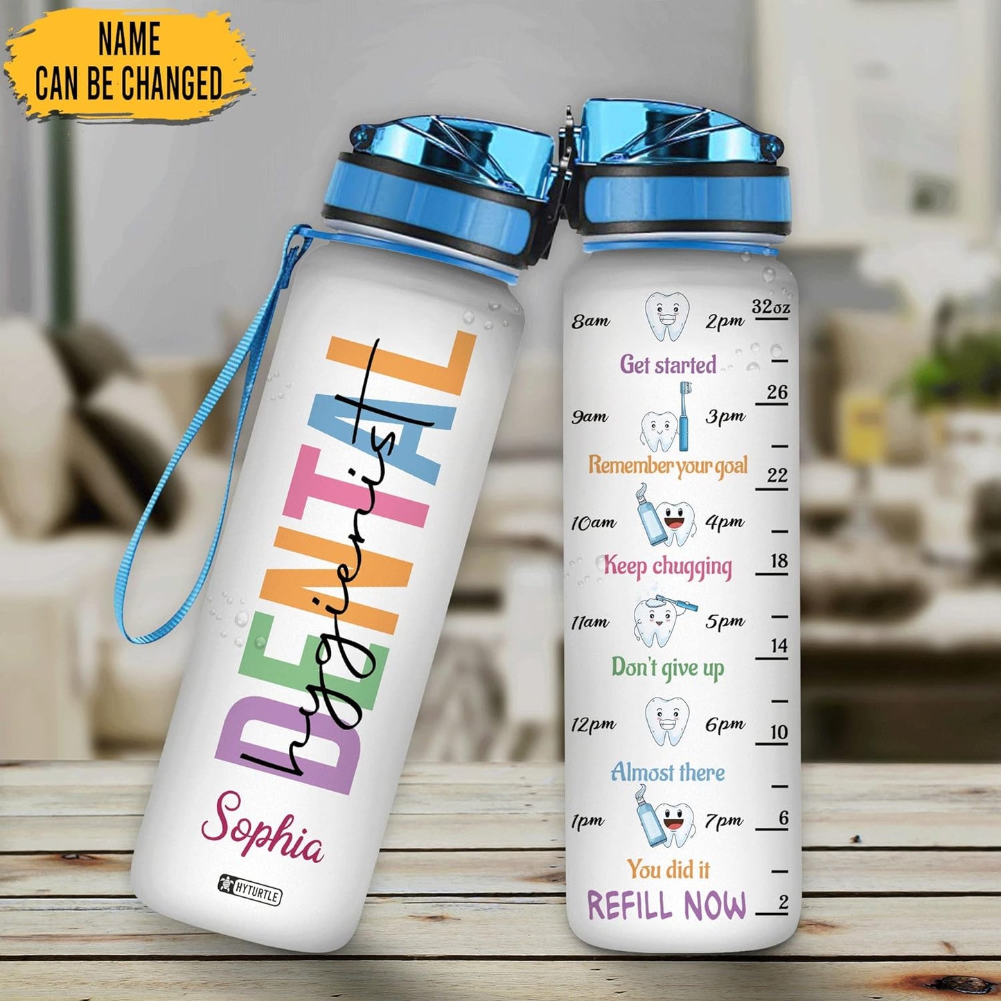 Dental Hygienist Water Bottle Tracker 32oz Personalized – Dentist Motivational Bottle with Time Marker – Practical Gift for Coworkers
