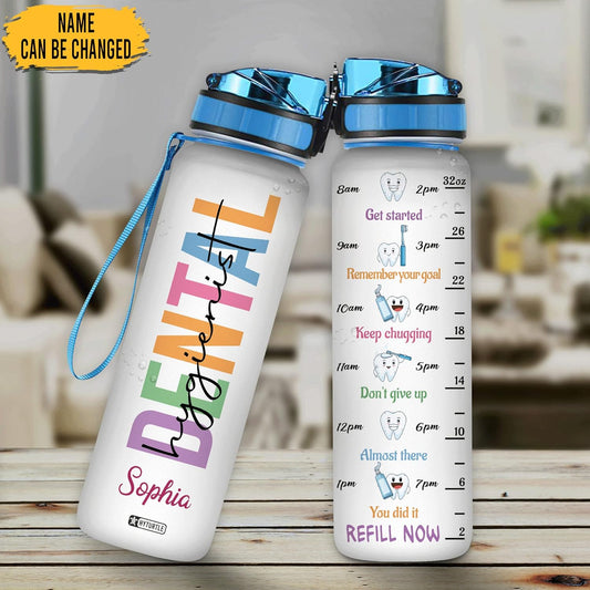 Dental Hygienist Water Bottle Tracker 32oz Personalized – Dentist Motivational Bottle with Time Marker – Practical Gift for Coworkers