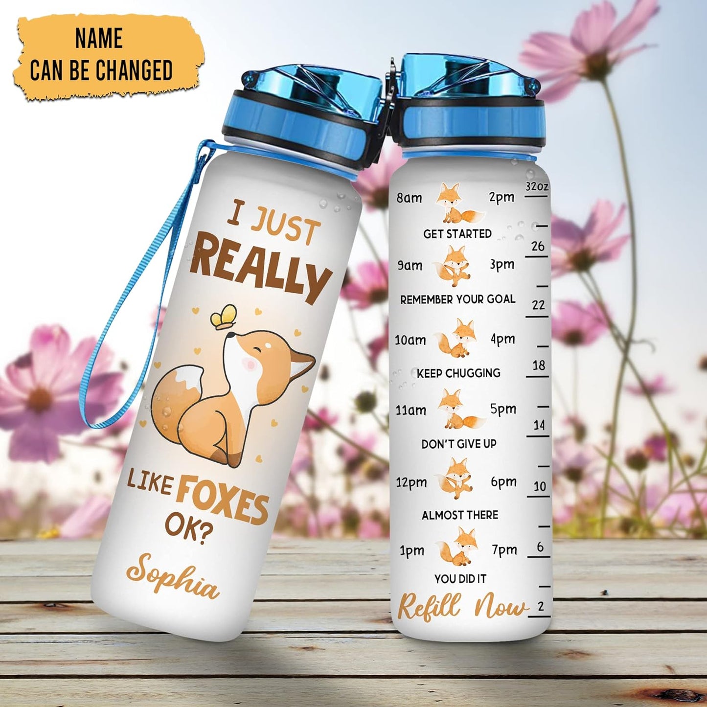Cute Fox Lovers Water Bottle Tracker 32oz – Personalized Motivational Bottle with Time Marker – Stylish Gift for Animal Lovers