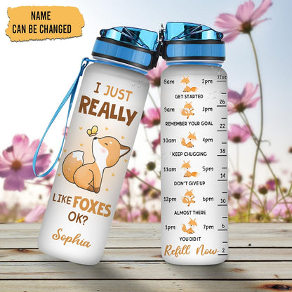 Cute Fox Lovers Water Bottle Tracker 32oz – Personalized Motivational Bottle with Time Marker – Stylish Gift for Animal Lovers