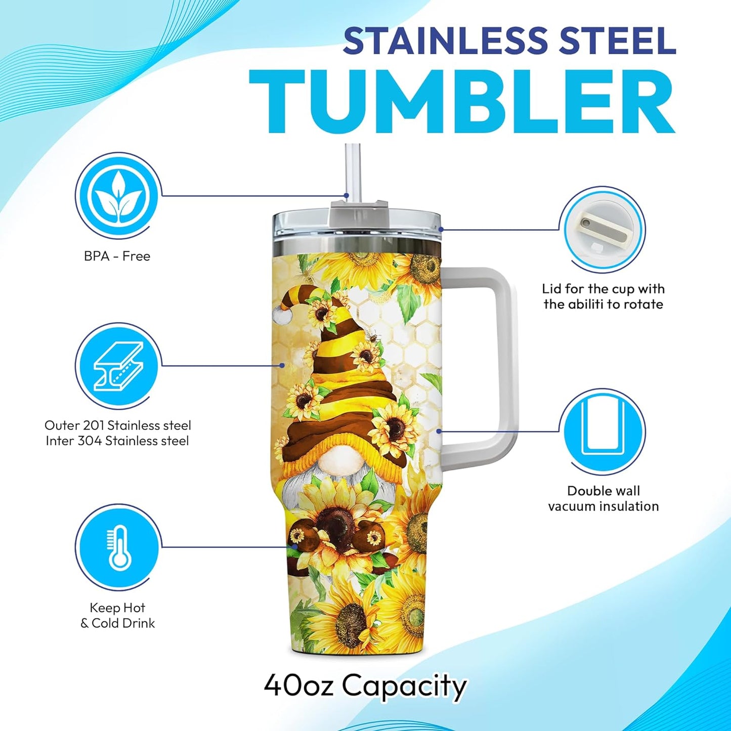 Sunflower Bee Gnome Tumbler 40oz with Handle & Straw – Personalized Stainless Steel Insulated Cup with Lid – Unique Gift for Gnome Lovers