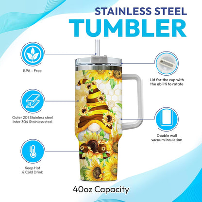 Sunflower Bee Gnome Tumbler 40oz with Handle & Straw – Personalized Stainless Steel Insulated Cup with Lid – Unique Gift for Gnome Lovers